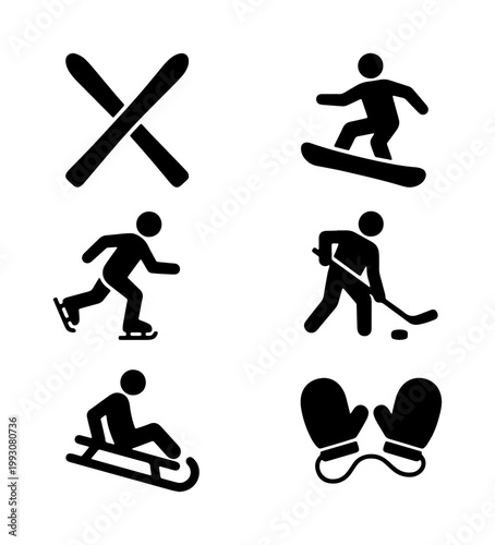 Winter sports icon set, black silhouette winter activity symbols, 6 vector elements for skiing snowboarding ice hockey and sledding