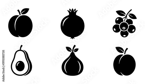 Minimalist fruit icon set, black silhouette organic food symbols, collection of 6 vector illustrations including avocado and pomegranate