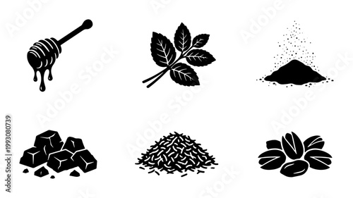 Black silhouette food ingredients icon set, organic honey dipper and mint leaves vector, pile of sugar and chocolate chunks with coffee beans