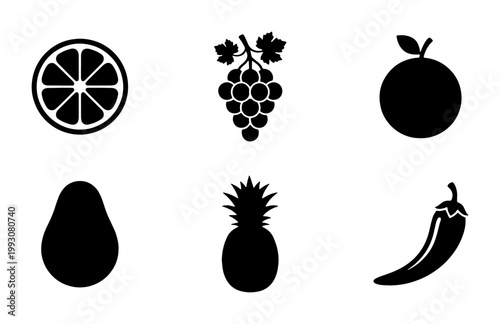 Minimalist fruit and vegetable icons set, black silhouette food symbols, 6 vector elements including pineapple, grapes, and chili pepper for menu design