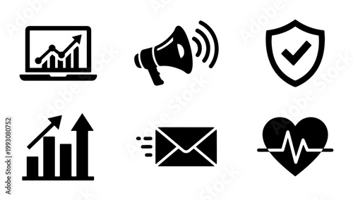 Minimalist business icon set, black solid vector symbols for marketing and finance, professional web interface elements, 6 digital icons