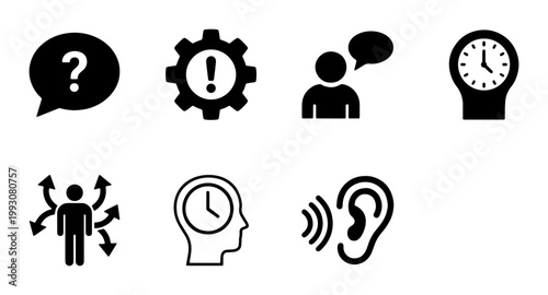 Minimalist business communication icons, set of 7 black vector symbols for customer support, time management and problem solving interface design