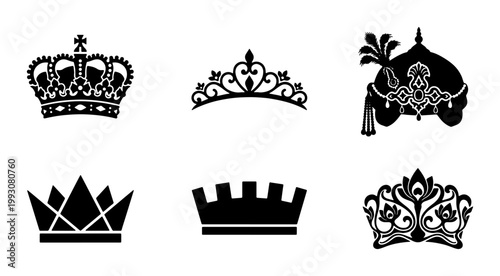 Royal crown silhouette collection, set of 6 black heraldic tiara icons, monarch headwear and sultan turban vector symbols for logo design