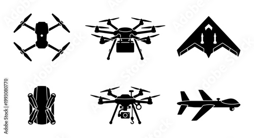 Modern drone silhouettes set, 6 unmanned aerial vehicle icons, black UAV and quadcopter vector graphics, military and commercial drone symbols