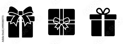 Minimalist gift box icons set, black silhouette present symbols with ribbons, flat vector holiday surprise elements for celebration and shopping