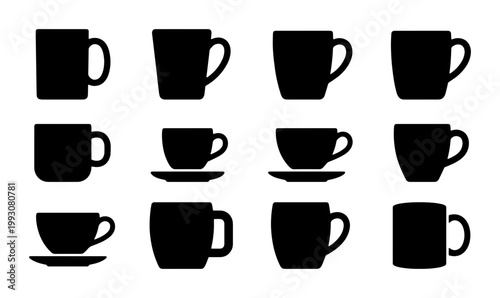 Minimalist coffee mug silhouettes, set of 12 black tea cup icons, ceramic drinkware vector collection for cafe branding and kitchen menus