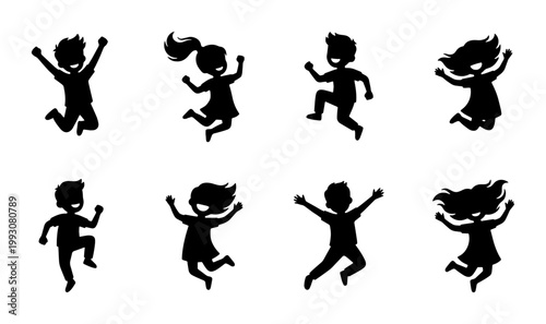 Happy jumping children silhouettes, set of 8 active kids jumping and running vector icons, black joyful boy and girl figures for school and play
