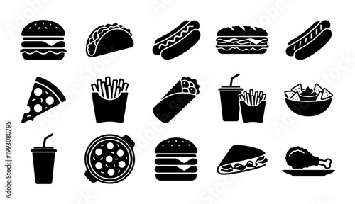 Fast food icon set with 15 black silhouettes, junk food vector elements for restaurant menus, burger and pizza flat symbols on white background