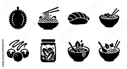 Asian food icons set, black solid vector symbols of ramen noodles, sushi, durian and kimchi, traditional oriental cuisine menu elements