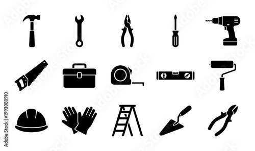Construction tools icon set, 15 black silhouette hardware elements, professional carpentry and home renovation equipment vector symbols for industrial design