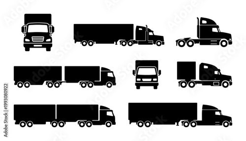 Semi truck silhouette collection, heavy duty freight vehicle icons, commercial transport and logistics vector set, industrial delivery truck graphics