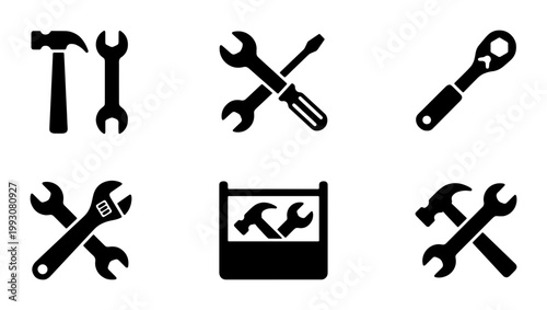 Industrial work tool icons set, black construction hardware vector symbols, professional repair and maintenance equipment silhouettes for diy projects