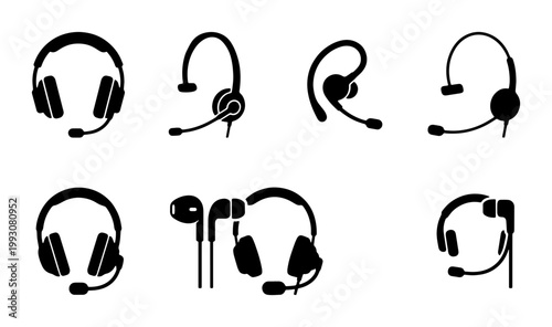 Black headset icon set with microphone, call center headphones vector collection, communication earphone symbols for customer support and gaming