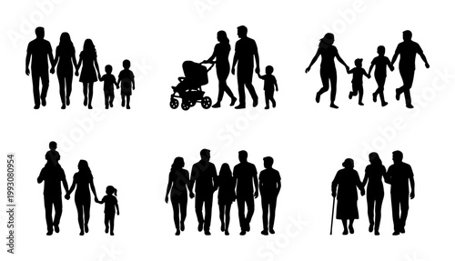 Family silhouettes collection, black vector people walking together, parents and children figures, diverse family groups set on white background