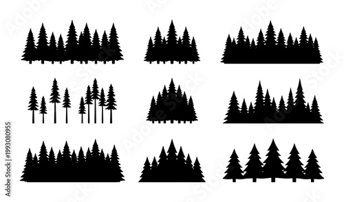 Black pine forest silhouettes, evergreen tree line vector set, minimalist coniferous woodland landscape elements for outdoor adventure branding