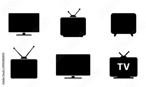 Television icon set with 6 black silhouettes, retro and modern TV screen vector illustrations, vintage television sets with antennas and flat screens