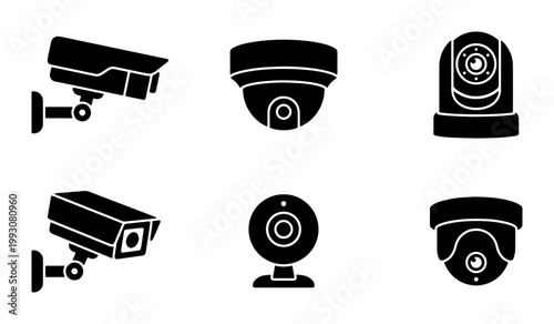 Security camera icon set with 6 black solid silhouettes, CCTV surveillance equipment collection, professional monitoring and safety system vector graphics