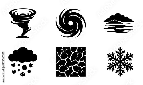 Natural disaster icons set, extreme weather symbols for climate change, black vector illustrations of tornado hurricane drought and blizzard