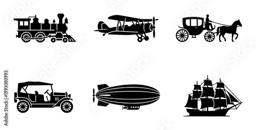 Vintage transportation silhouette icons, antique vehicle collection with steam train and biplane, retro travel set of 6 vector elements