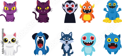Cute Halloween Cartoon Animal and Monster Character Vector Illustration Set Featuring Spooky Cat Vampire Werewolf Dog and Creature Designs for Holiday Horror and Kids Game Design