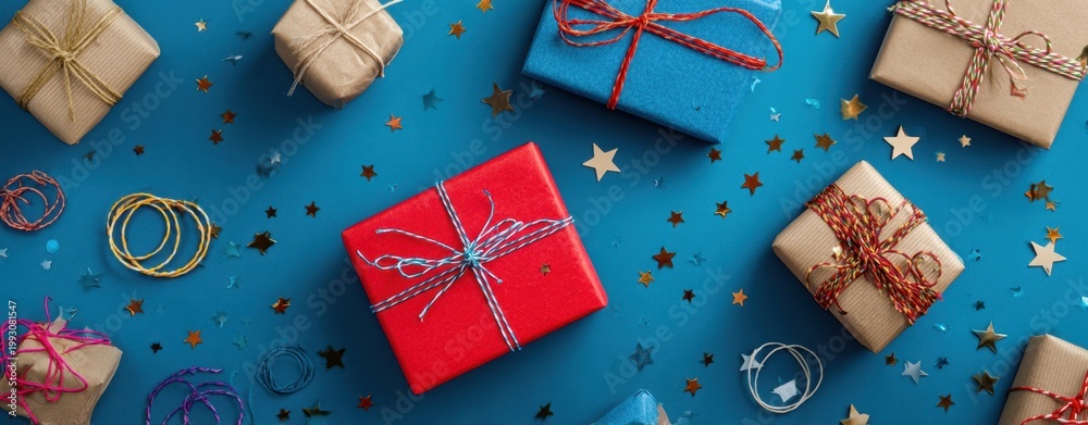 Obraz premium The wrapped gifts and festive decorations on a blue background