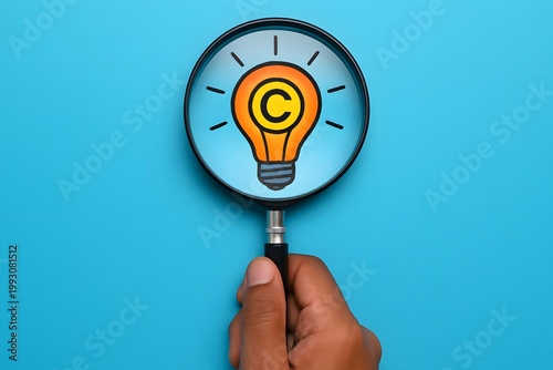 Hand holds a magnifying glass over an orange lightbulb with a copyright 'c' symbol, on a blue background, representing intellectual property.