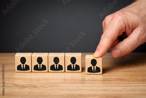 Hand places a wooden block with a person icon into a line of identical blocks, visually representing the concept of recruitment, team building, or selecting a new employee.