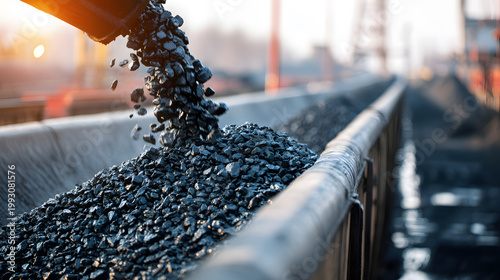 Industrial conveyor belt transporting coal in mining facility
