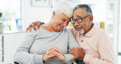 Fotografía Happy, hug and senior couple in hospital office with good news on treatment plan at checkup