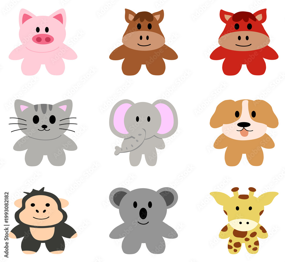 Fototapeta premium Cartoon forest animals illustration Character with Koala, king Kong, dog, cat, elephant, pig, horse, giraffe