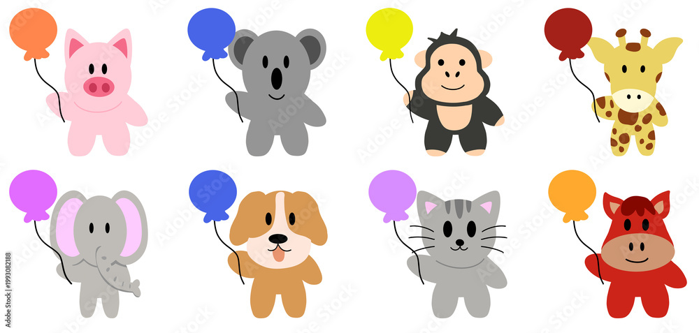 Fototapeta premium Cartoon forest animals illustration with Koala, king Kong, dog, cat, elephant, pig, horse, giraffe