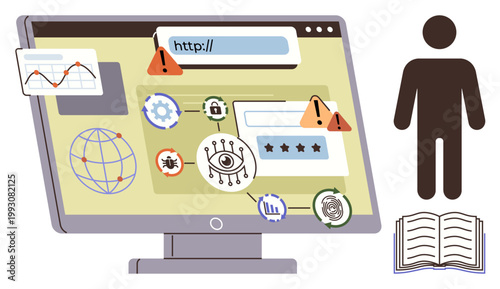 Cybersecurity, online privacy, data security, internet safety, identity theft, digital threats. Computer screen with various warning icons and a person icon next to an open book. Cybersecurity