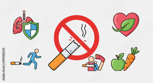 Colorful icons representing a world no tobacco day campaign with a giant cigarette in a red prohibition sign surrounded by healthy lifestyle symbols