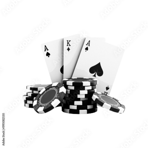 Halftone monochrome illustration of playing cards with poker chips, retro dotted engraving style, isolated on white background.