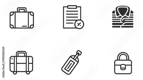 Travel Essentials: A set of essential travel icons representing luggage, a checklist with a percentage symbol, and clothing, showcasing items needed for journeys.