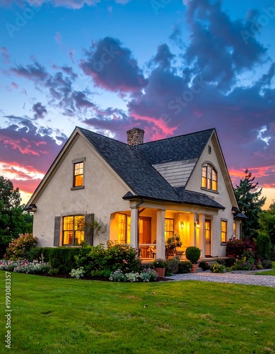 Cozy Home Exterior at Dusk with Illuminated Windows.