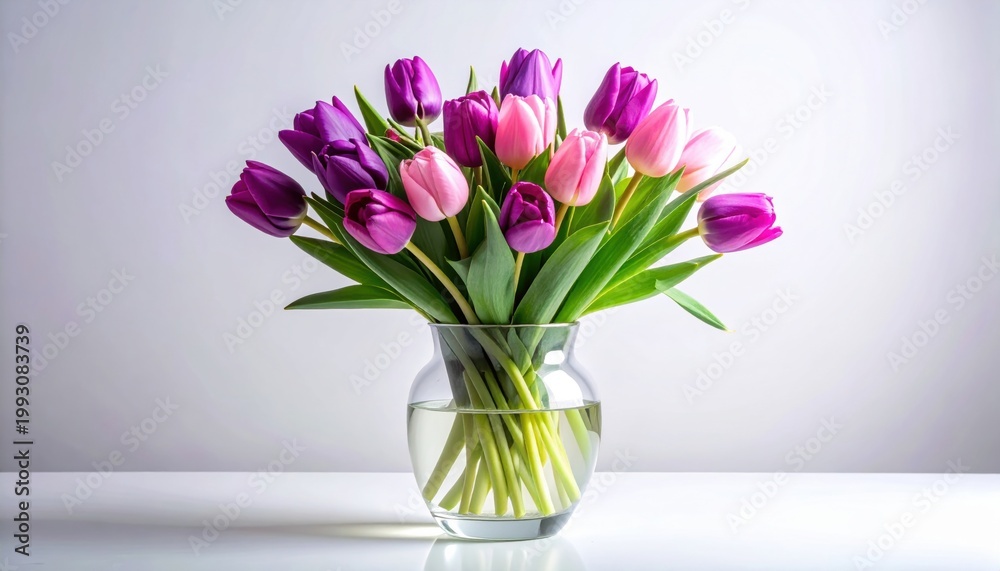 Fototapeta premium Elegant bouquet of vibrant pink and purple tulips in a clear glass vase with water and green stems