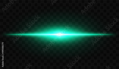 Abstract light beam composition. Single horizontal flare with strong central brightness, elongated glow spreading symmetrically, smooth gradient fade into soft edges on transparent background