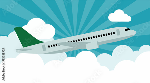 Commercial airplane flying through a bright blue sky with white clouds