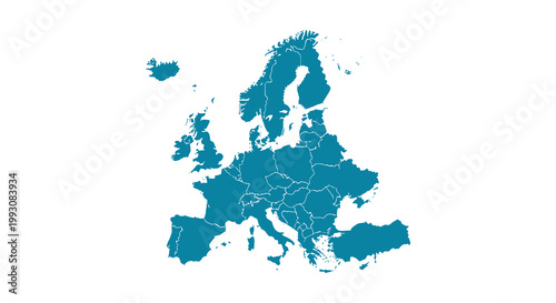 A teal colored map displaying the geographical outline of europe silhouette