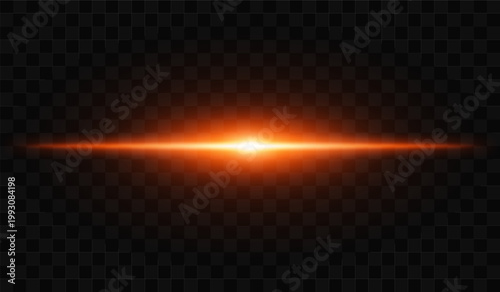 Abstract light beam composition. Single horizontal flare with strong central brightness, elongated glow spreading symmetrically, smooth gradient fade into soft edges on transparent background