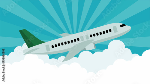 Illustration of a passenger airplane taking off in a blue sky with clouds