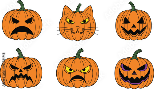 Scary Halloween Pumpkin Jack O Lantern and Cat Face Vector Illustration Set Featuring Various Angry Creepy and Evil Expressions with Carved Faces for Holiday Autumn Design