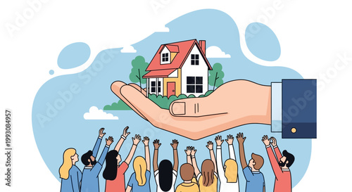 Diverse people rejoicing under a house.