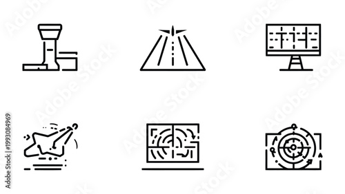 Radar and Aviation Icons: A collection of meticulously designed icons depicting crucial elements of flight navigation, radar technology, and air traffic control.