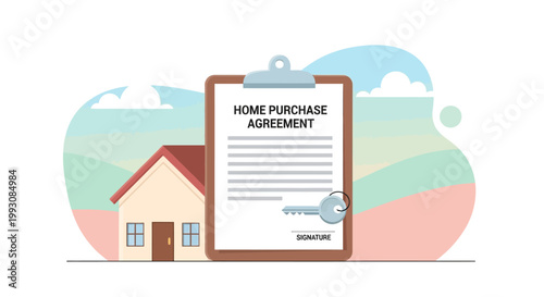 Home purchase agreement and house illustration.