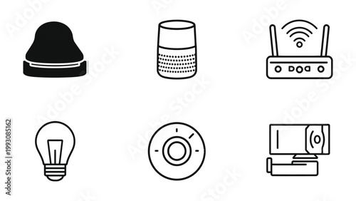 Smart Home Devices: A collection of various smart home devices in a simple, minimalist outline design, representing the modern technology and interconnectedness of contemporary living.
