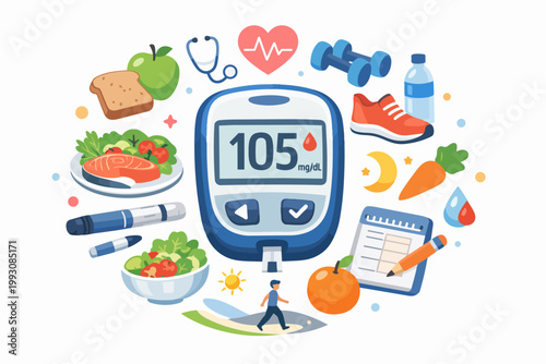 Diabetes management concept showing glucometer, healthy food, exercise, and insulin care