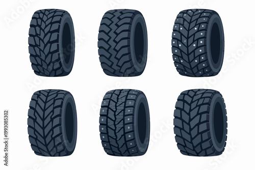 Vector illustration of car tires, including winter, studded, and off-road treads