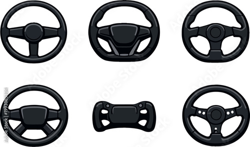 Various steering wheels depicting driving, racing, and vehicle transport concepts